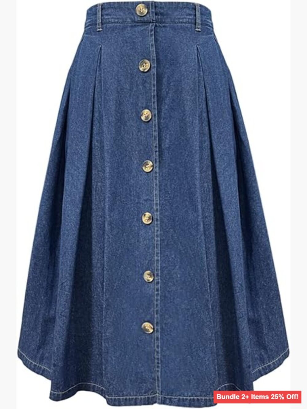 Midi Skirt Elastic Waist Button Front Flared A-Line with Pockets